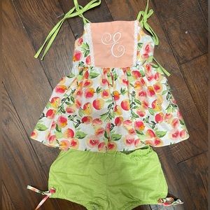 Ricrac & Ruffles Peach Set with Embroidery “E” 5T